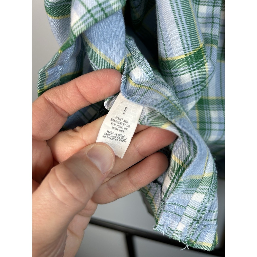 AERIE BLUE PLAID SKIRT Small PLEATED PLEATS TWILL ELASTIC WAIST GREEN WHITE - Picture 4 of 6